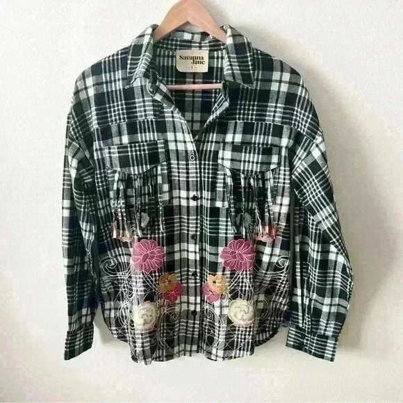Savanna Jane S Black Plaid Flannel Emroidered Fringe Button Down Shirt Western - Picture 1 of 8